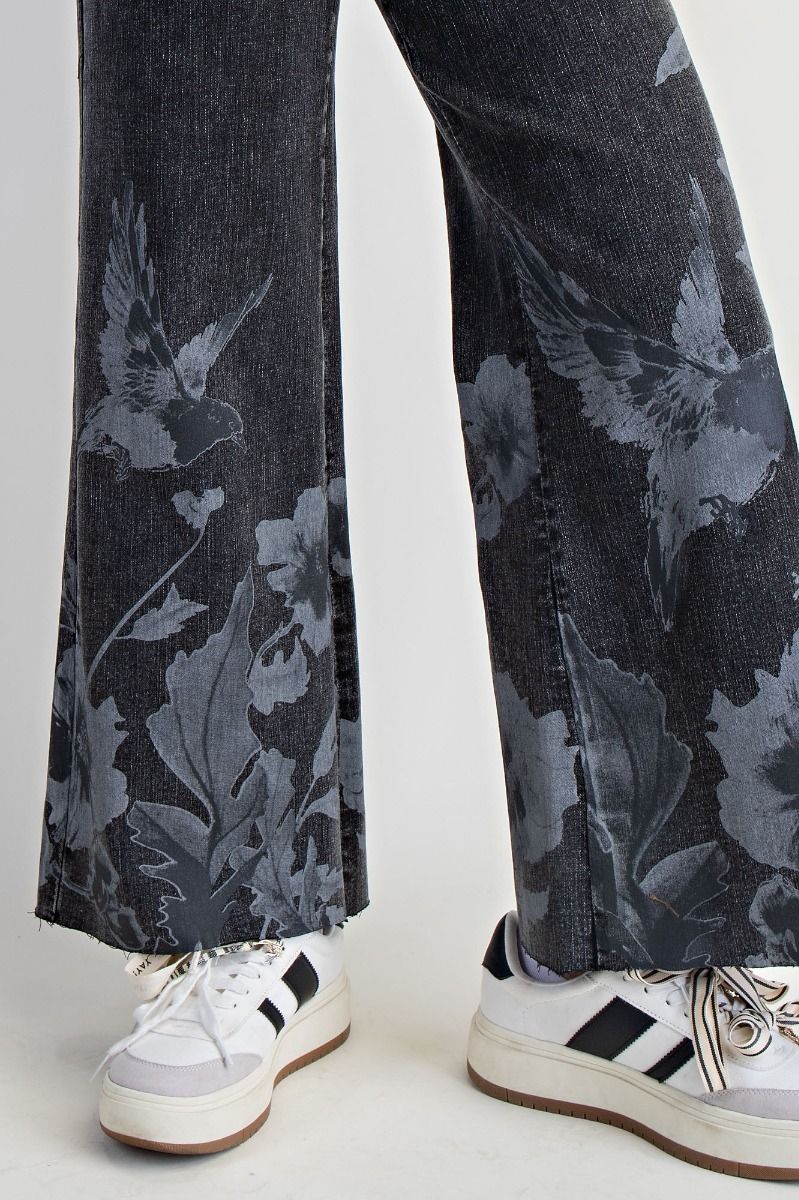 Floral Print Washed Stretch Denim Pants