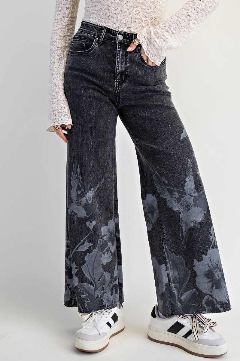 Floral Print Washed Stretch Denim Pants