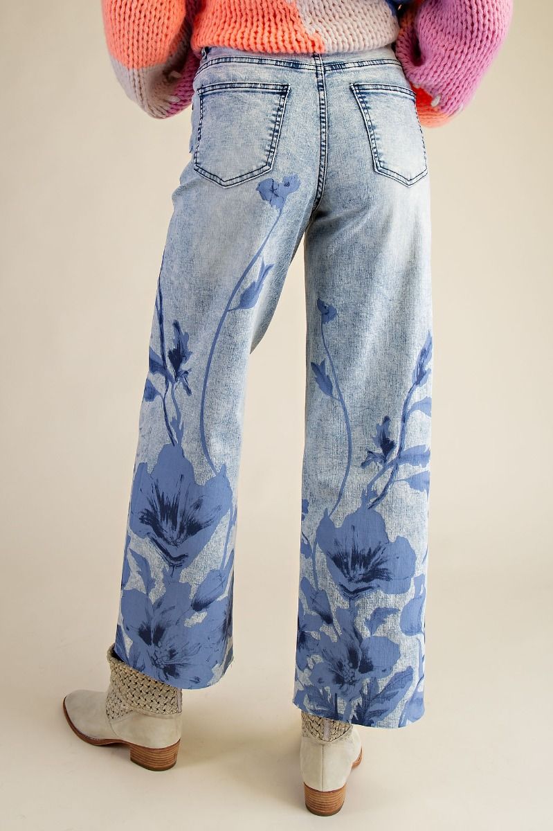 Floral Print Washed Stretch Denim Pants