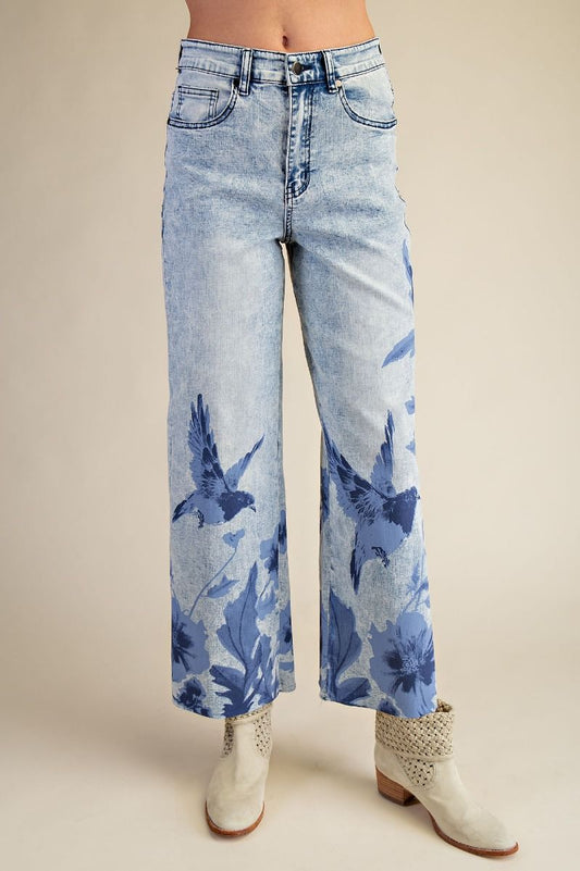 Floral Print Washed Stretch Denim Pants