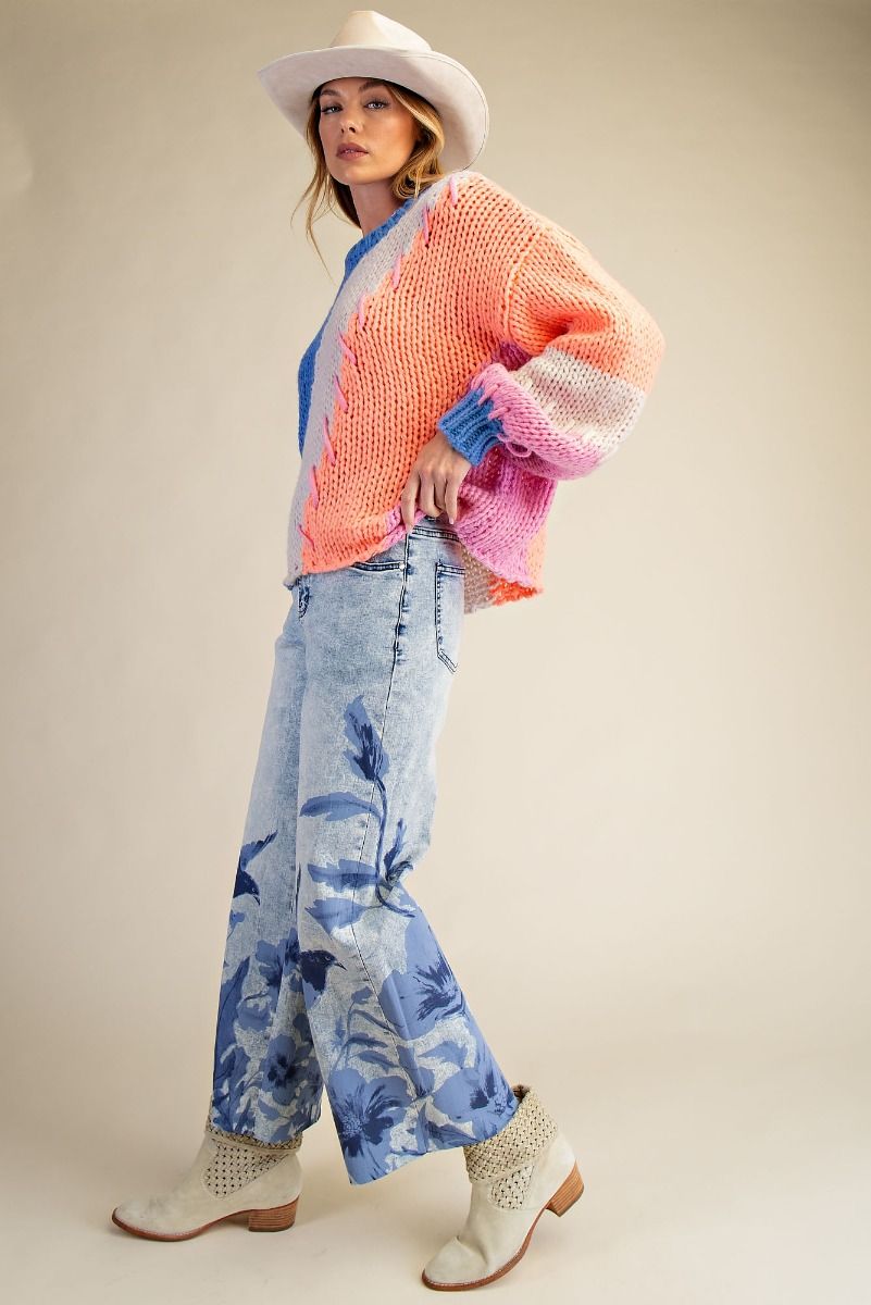 Floral Print Washed Stretch Denim Pants
