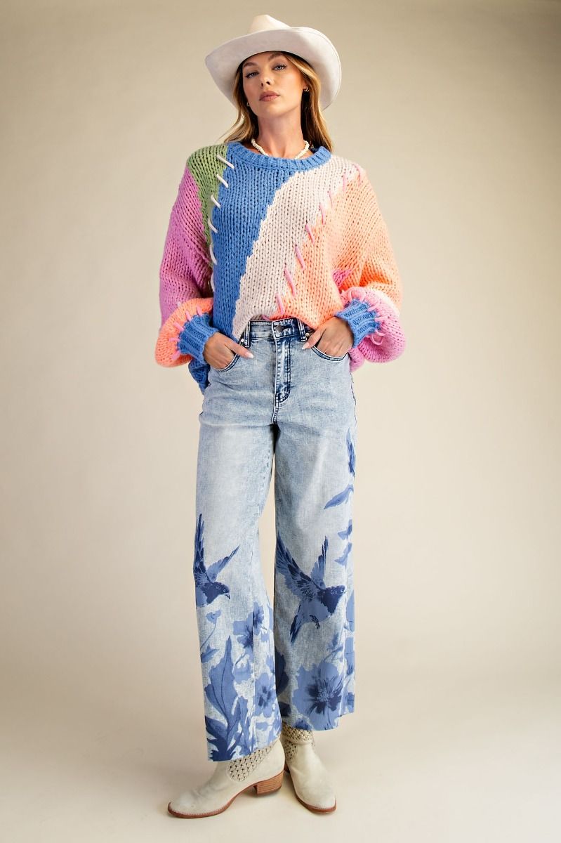 Floral Print Washed Stretch Denim Pants