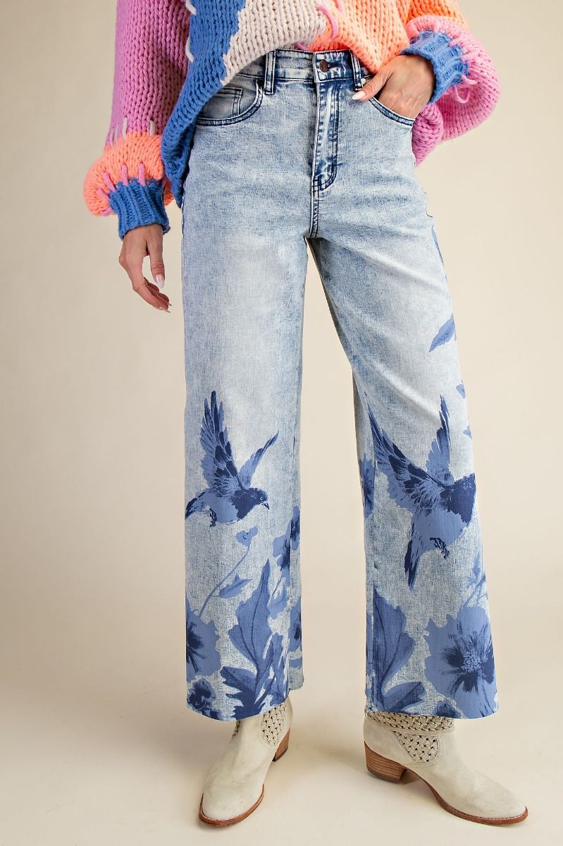 Floral Print Washed Stretch Denim Pants