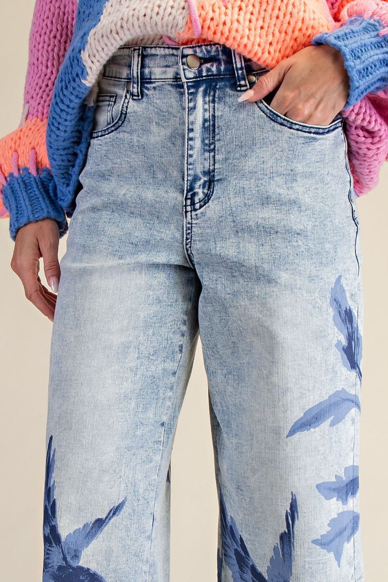 Floral Print Washed Stretch Denim Pants