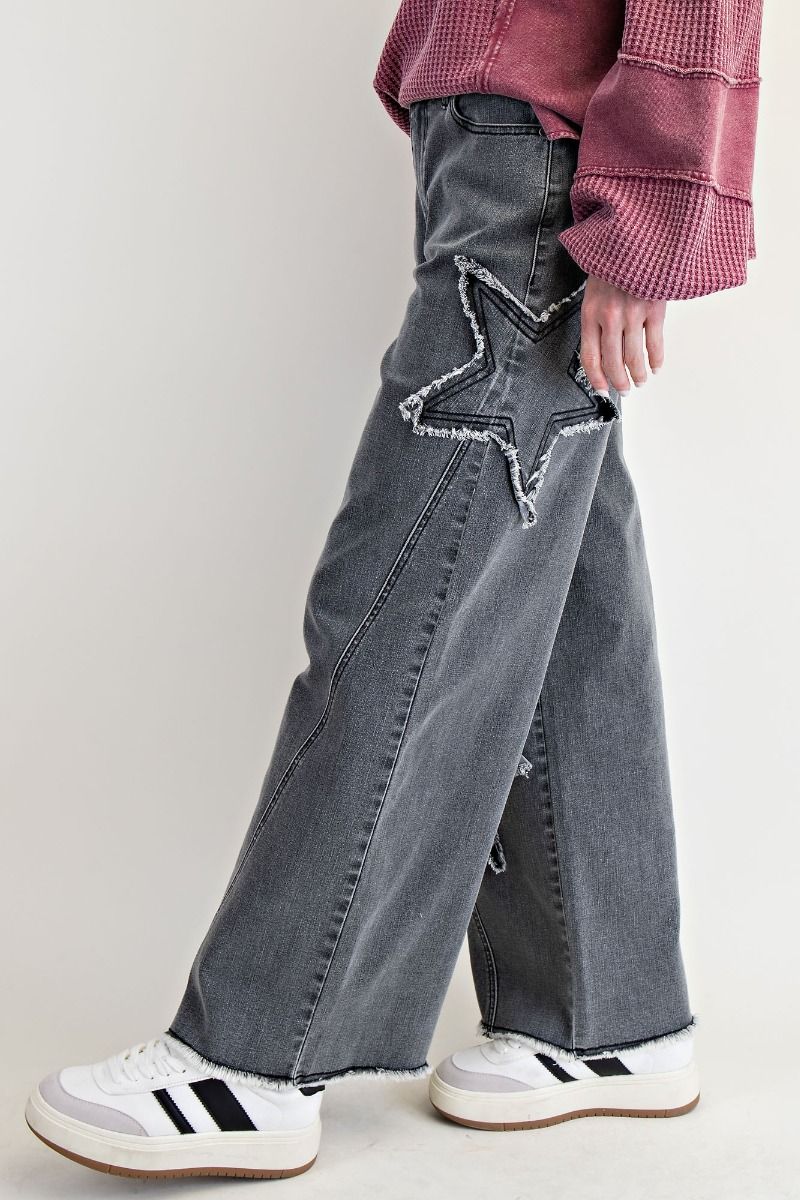Star Patch Detailing Washed Strecth Denim Pants