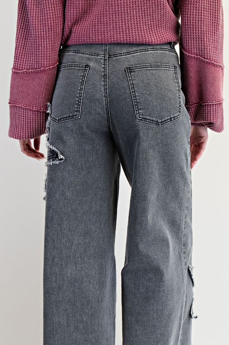 Star Patch Detailing Washed Strecth Denim Pants