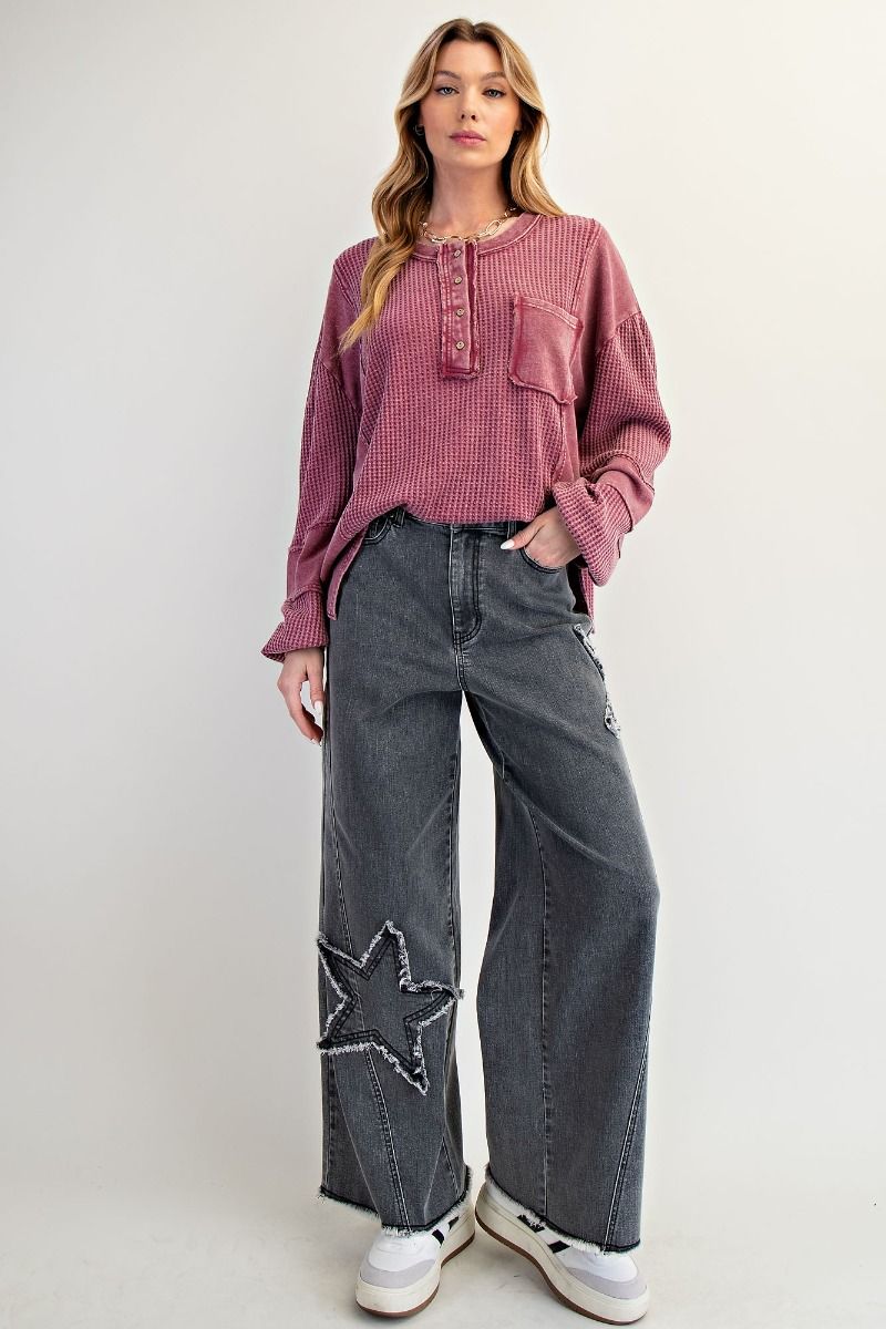 Star Patch Detailing Washed Strecth Denim Pants