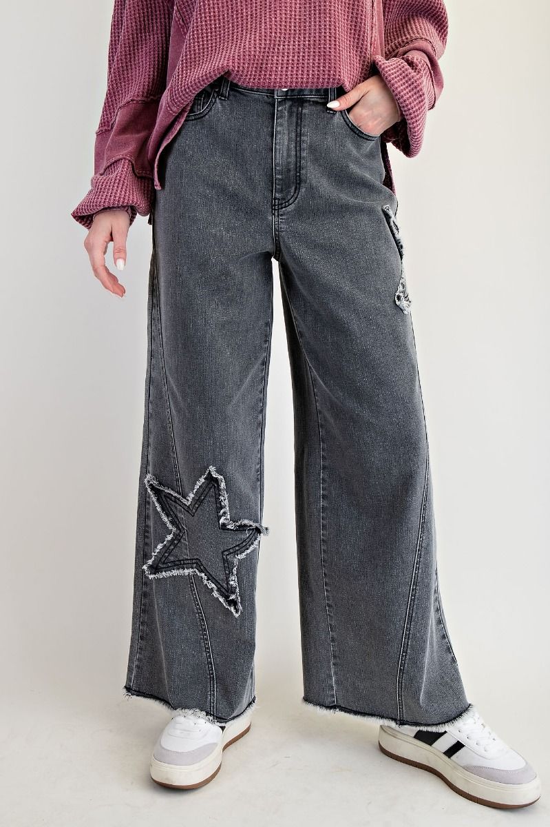 Star Patch Detailing Washed Strecth Denim Pants