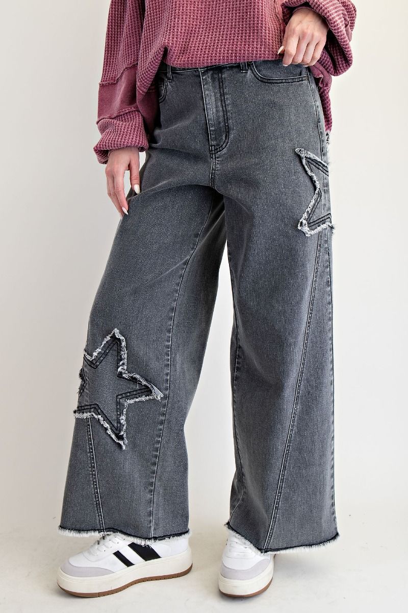 Star Patch Detailing Washed Strecth Denim Pants