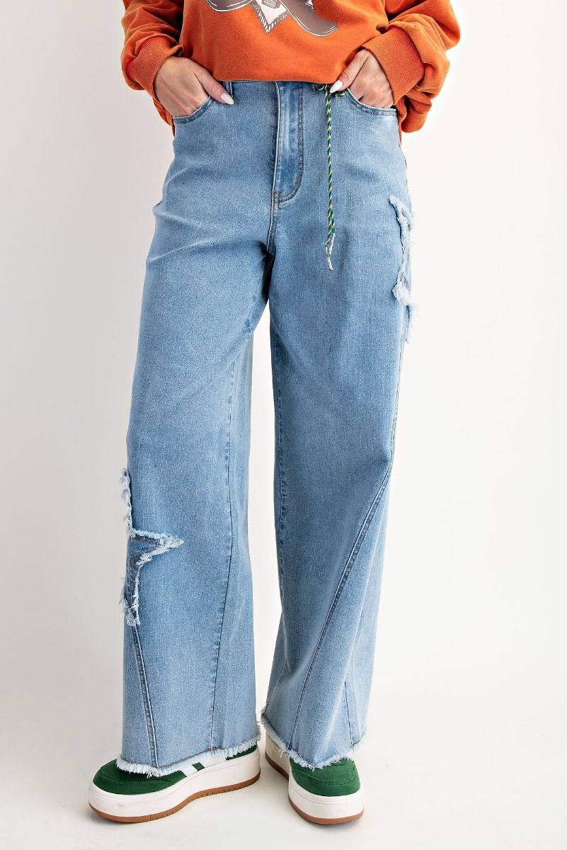 Star Patch Detailing Washed Strecth Denim Pants