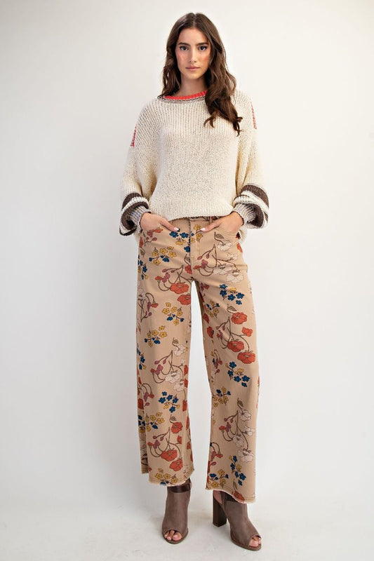 Floral Printed Washed Stretch Twill Pants