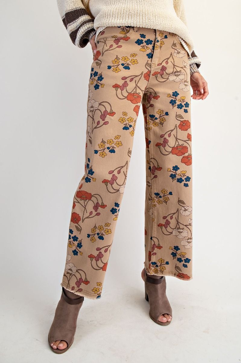Floral Printed Washed Stretch Twill Pants