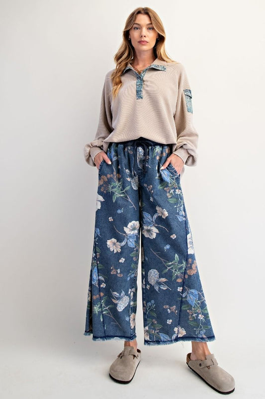 Floral Printed Washed Denim Pants