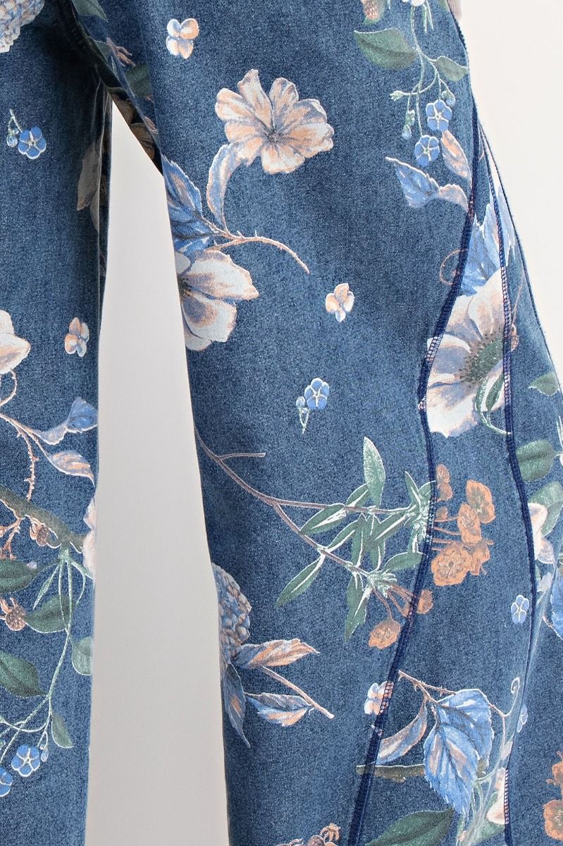 Floral Printed Washed Denim Pants