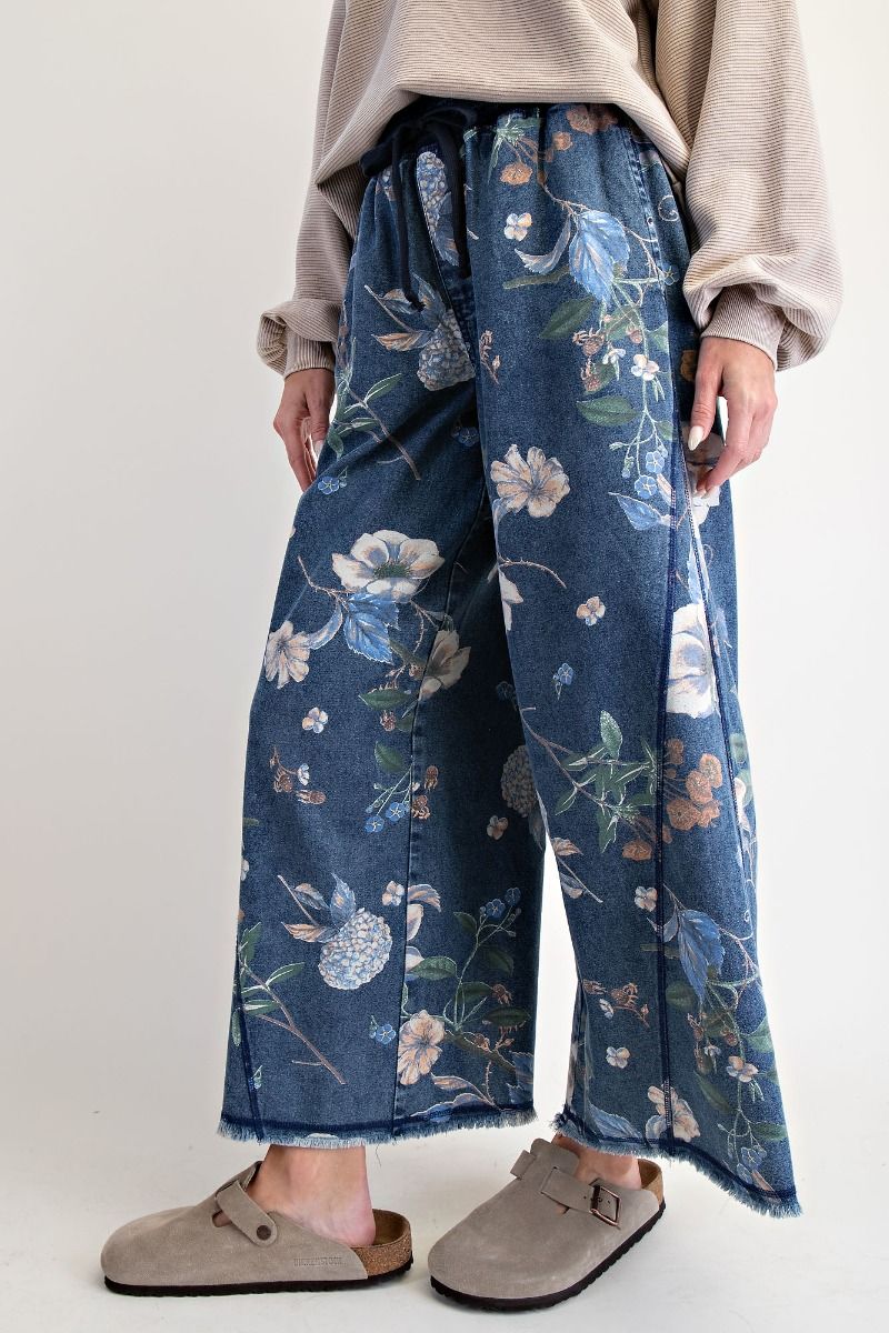 Floral Printed Washed Denim Pants
