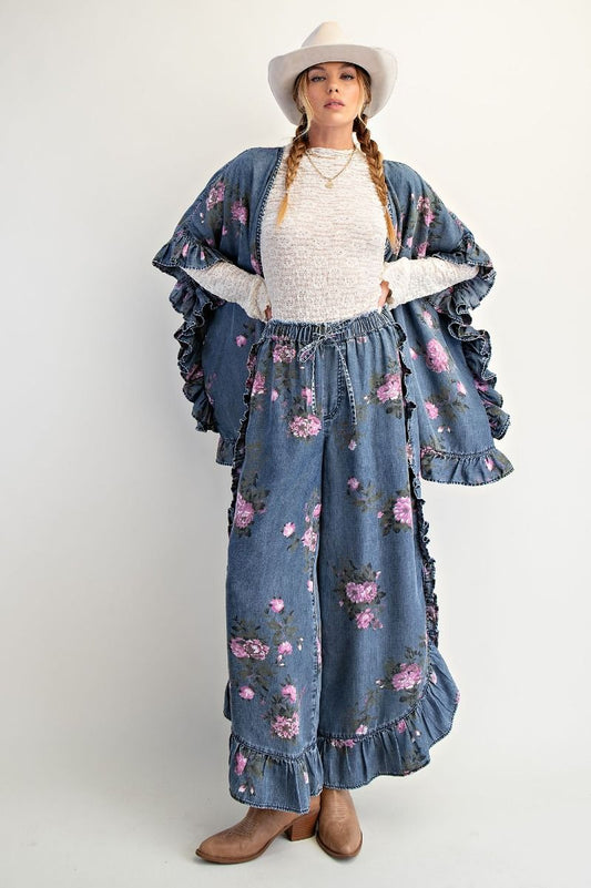 Floral Printed Chambray Loose Fit Pants