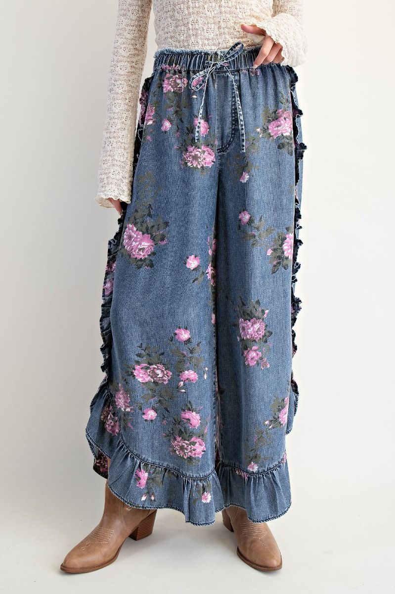 Floral Printed Chambray Loose Fit Pants
