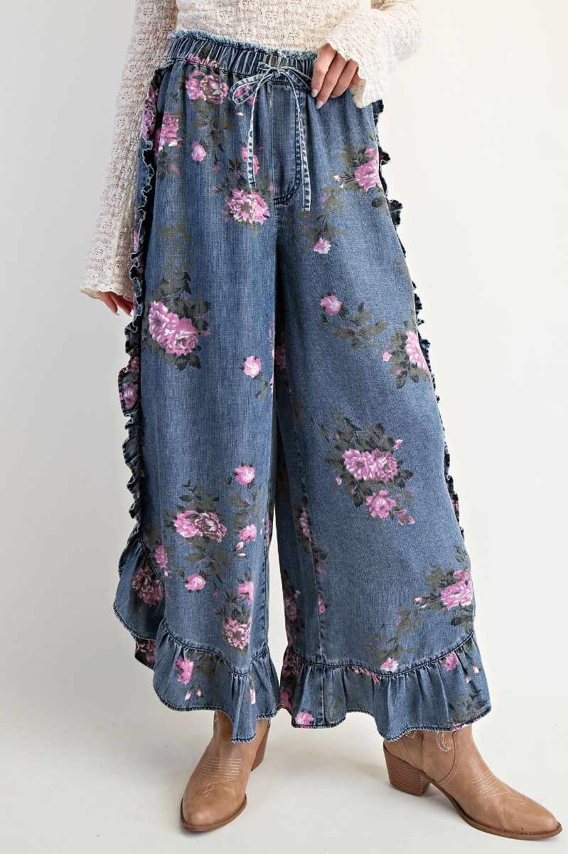 Floral Printed Chambray Loose Fit Pants