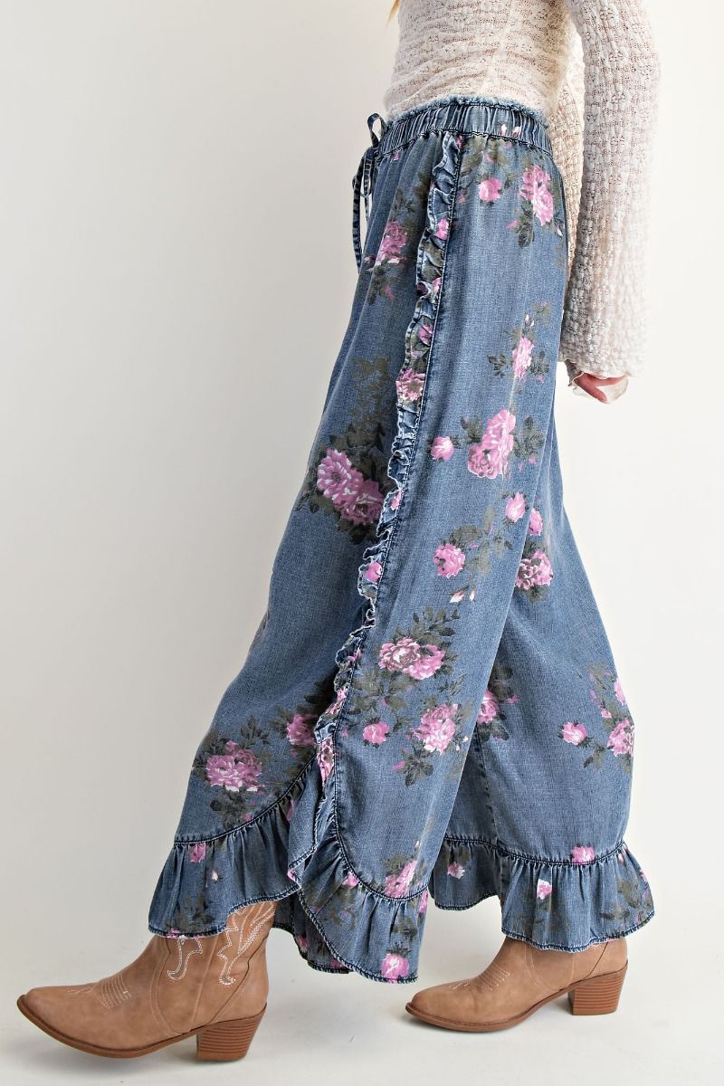 Floral Printed Chambray Loose Fit Pants