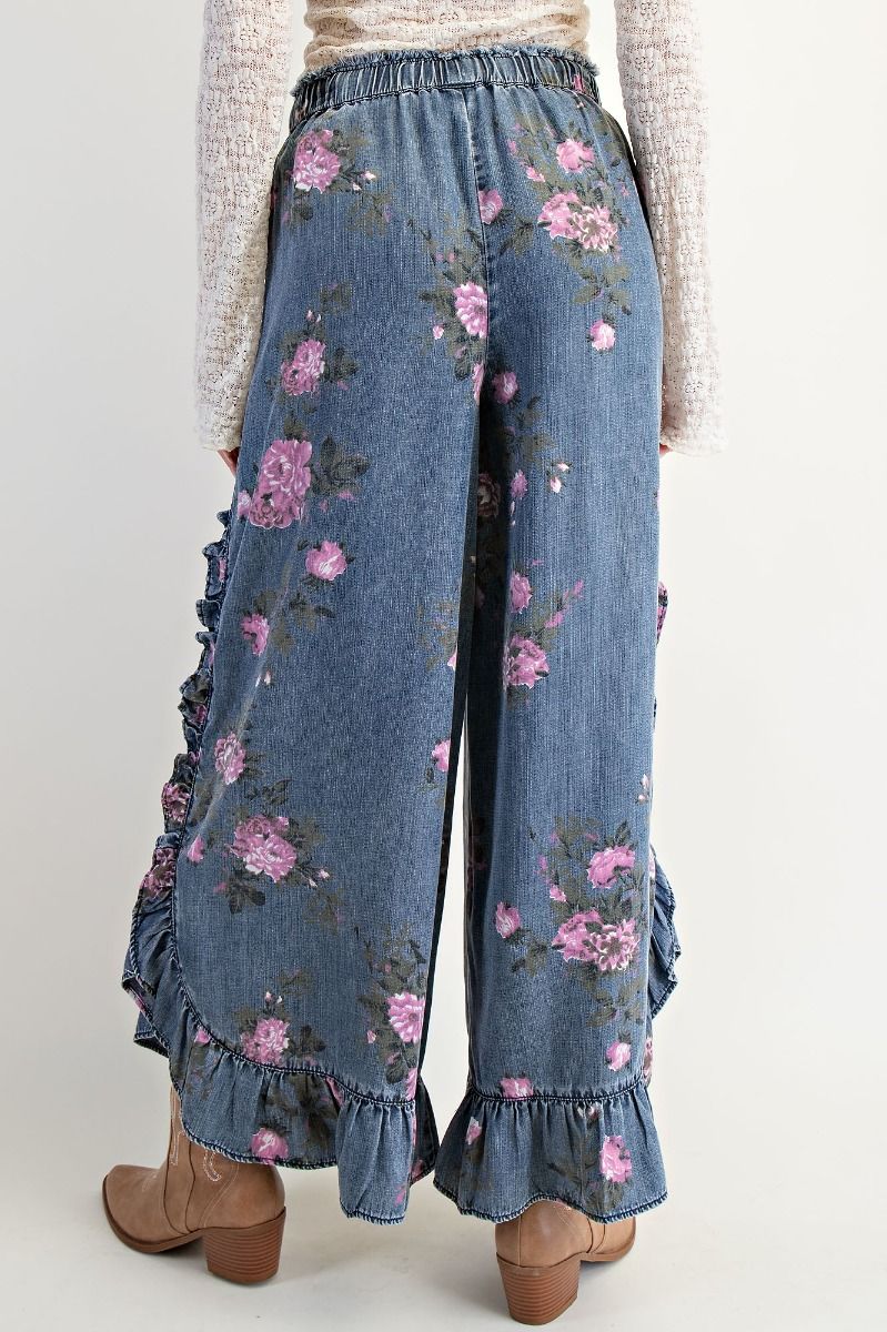 Floral Printed Chambray Loose Fit Pants