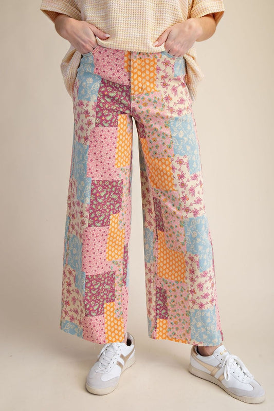 Patchwork Print Strecht Washed Twill Pants