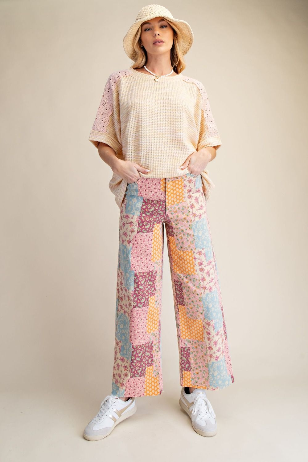 Patchwork Print Strecht Washed Twill Pants