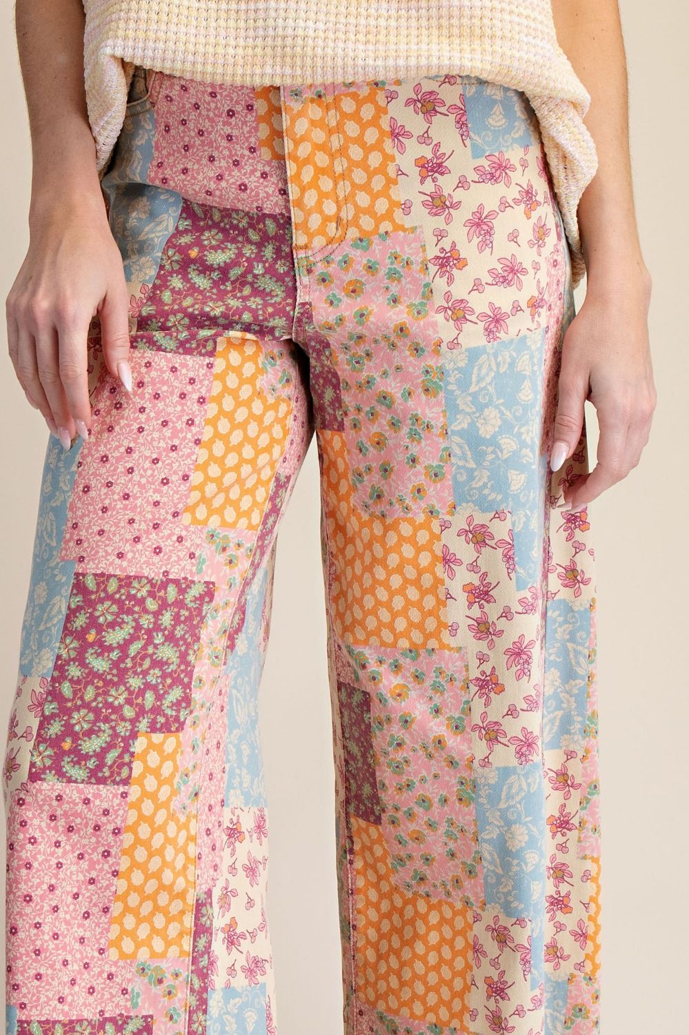 Patchwork Print Strecht Washed Twill Pants