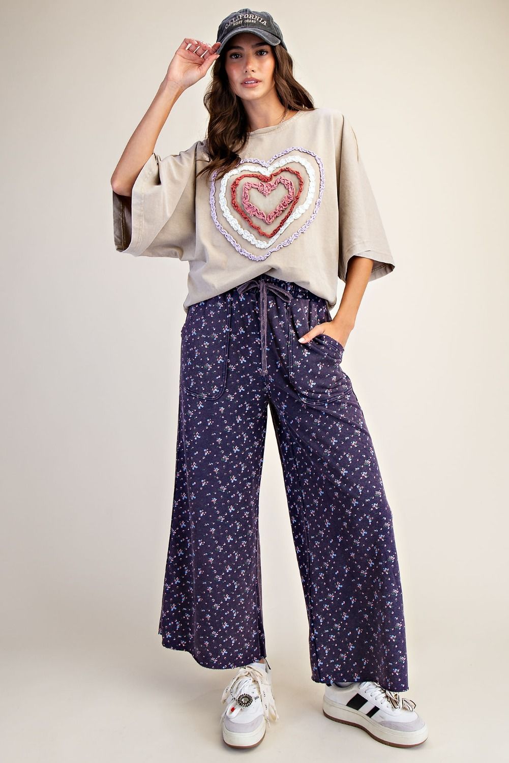 Floral Print Washed Terry Knit Pants