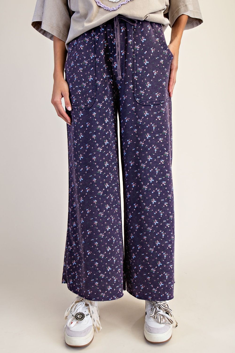 Floral Print Washed Terry Knit Pants