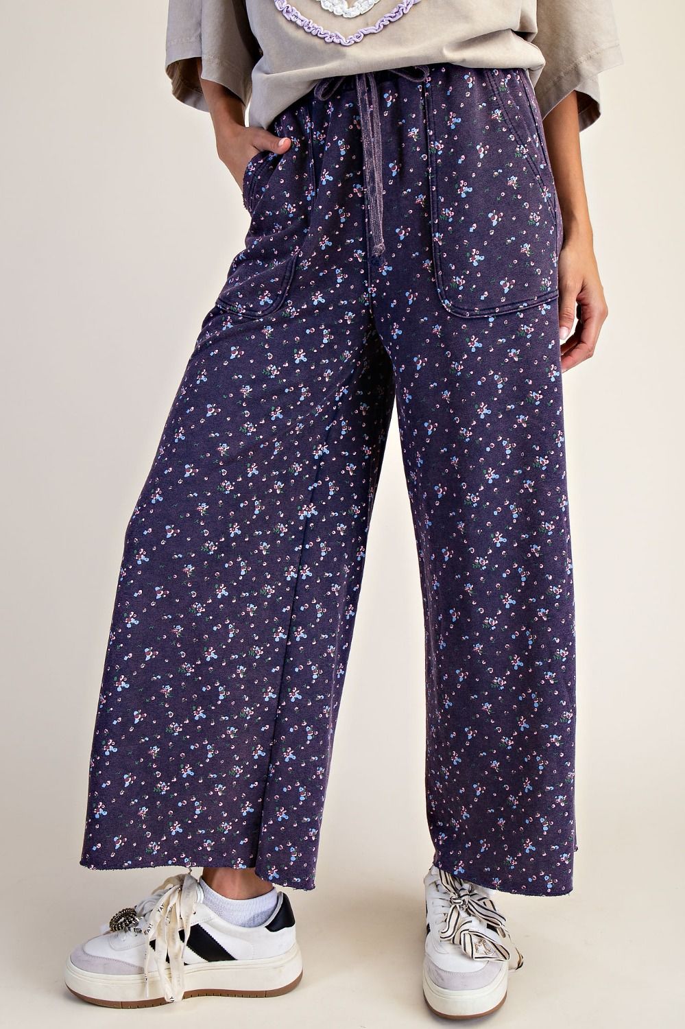 Floral Print Washed Terry Knit Pants