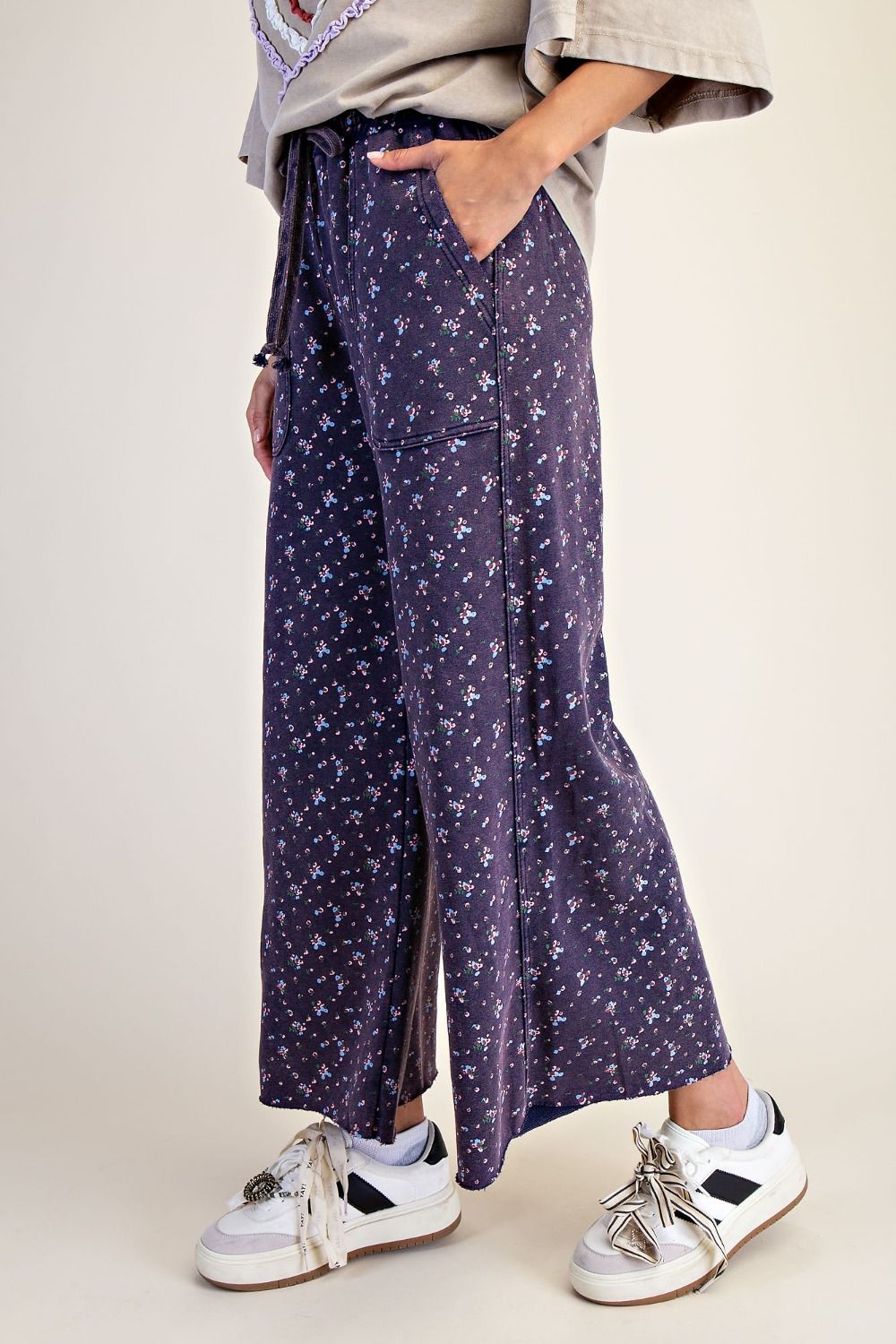 Floral Print Washed Terry Knit Pants