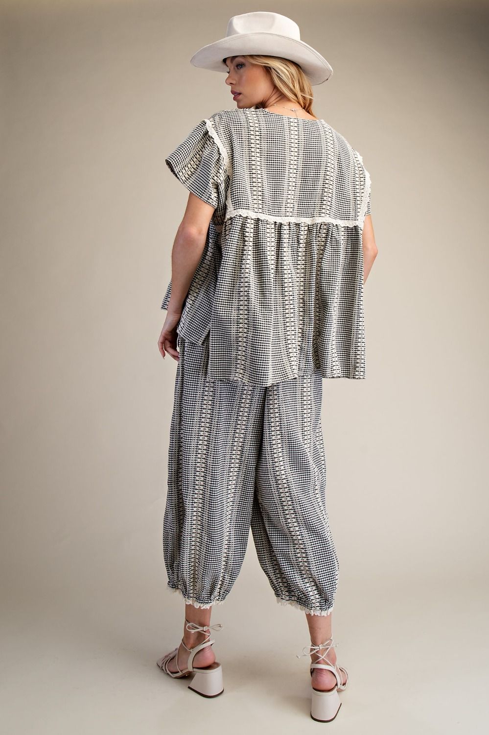 Embroidery Detailing Gingham Aladdin Pants