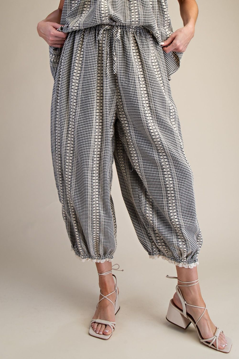Embroidery Detailing Gingham Aladdin Pants