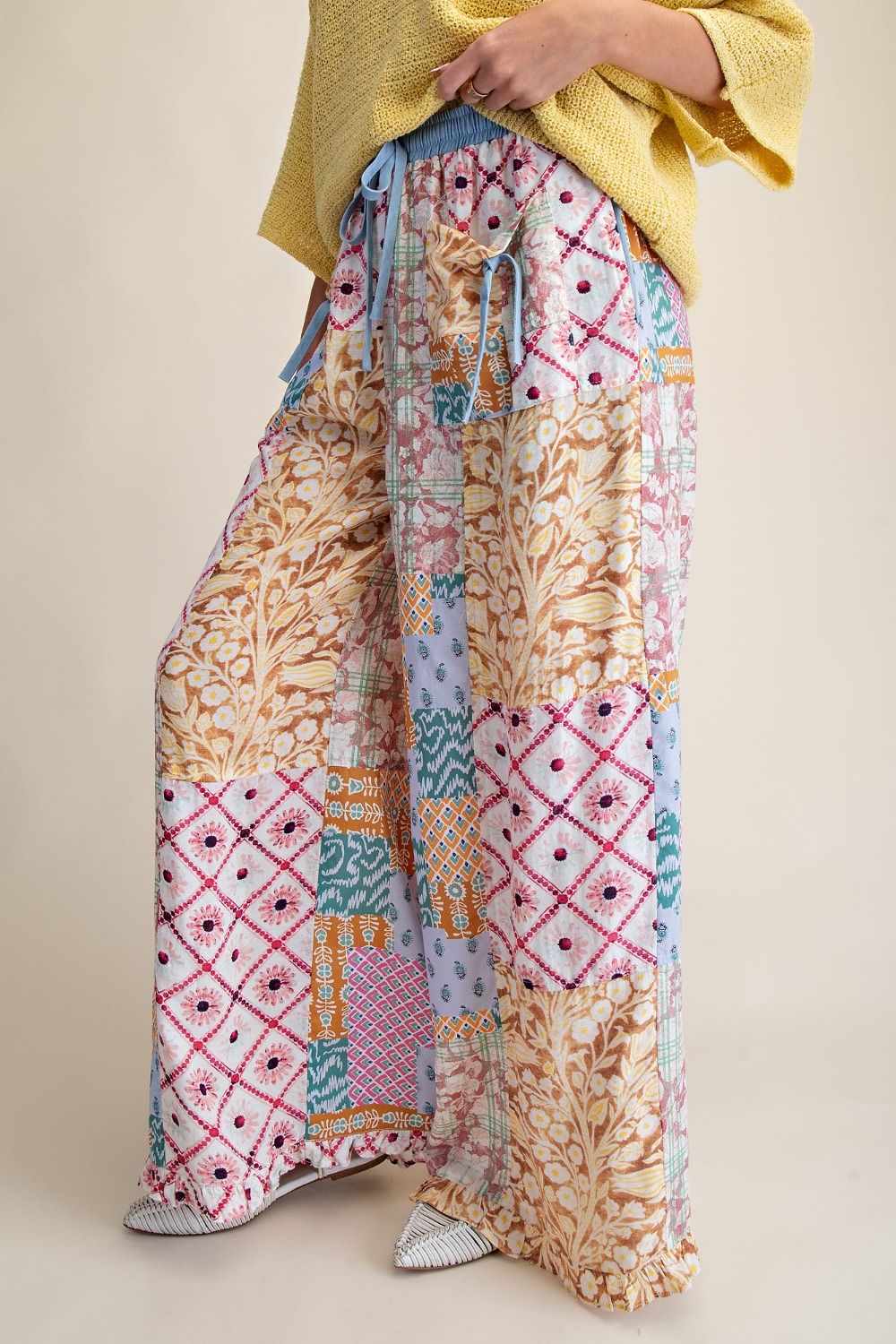 Patchwork Print Wide Leg Pants