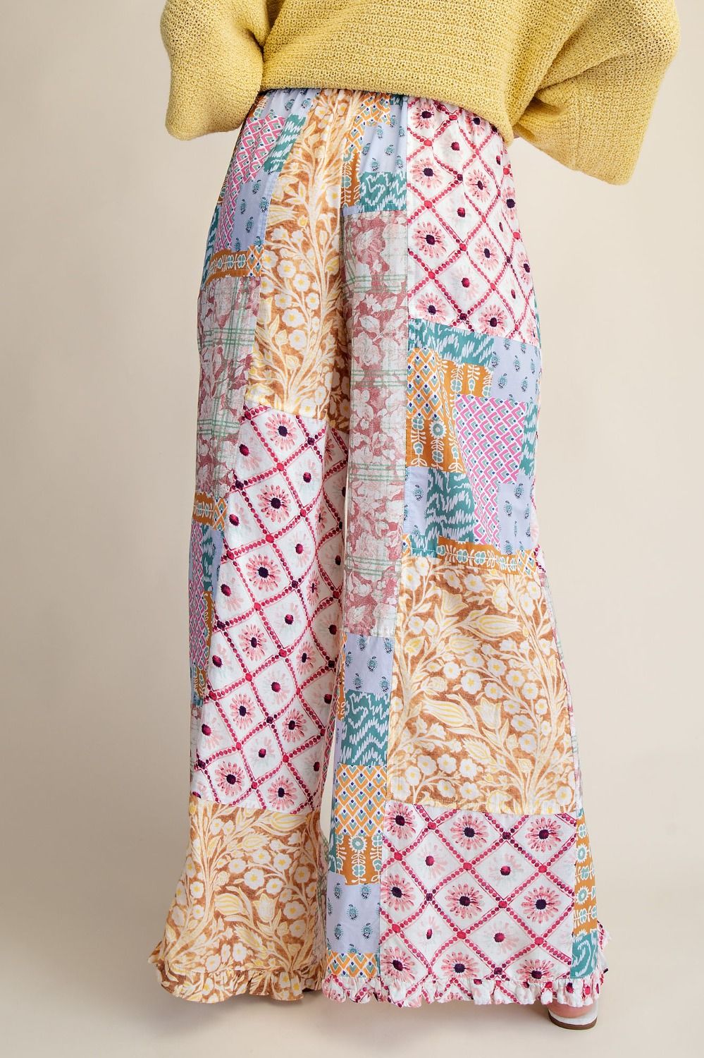 Patchwork Print Wide Leg Pants