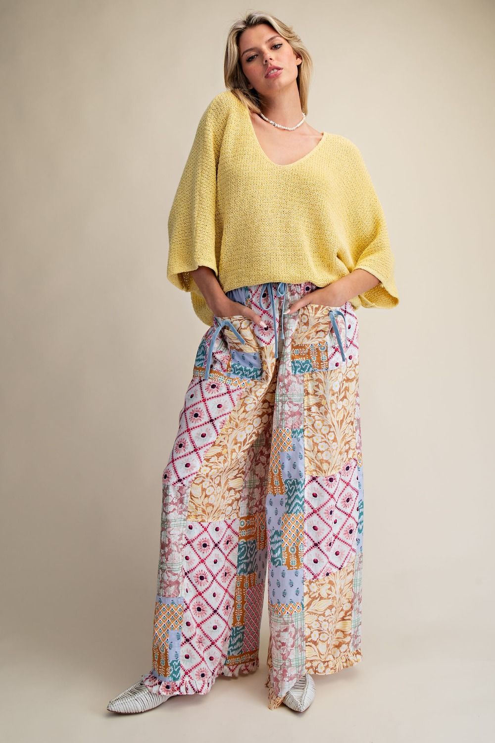 Patchwork Print Wide Leg Pants