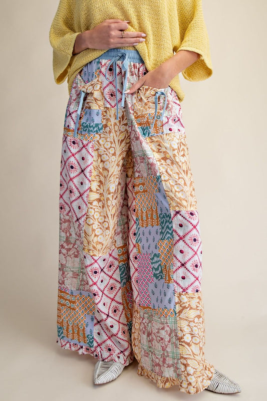 Patchwork Print Wide Leg Pants