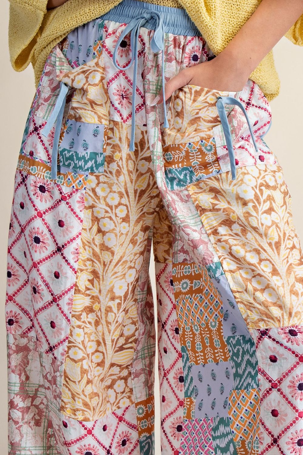 Patchwork Print Wide Leg Pants