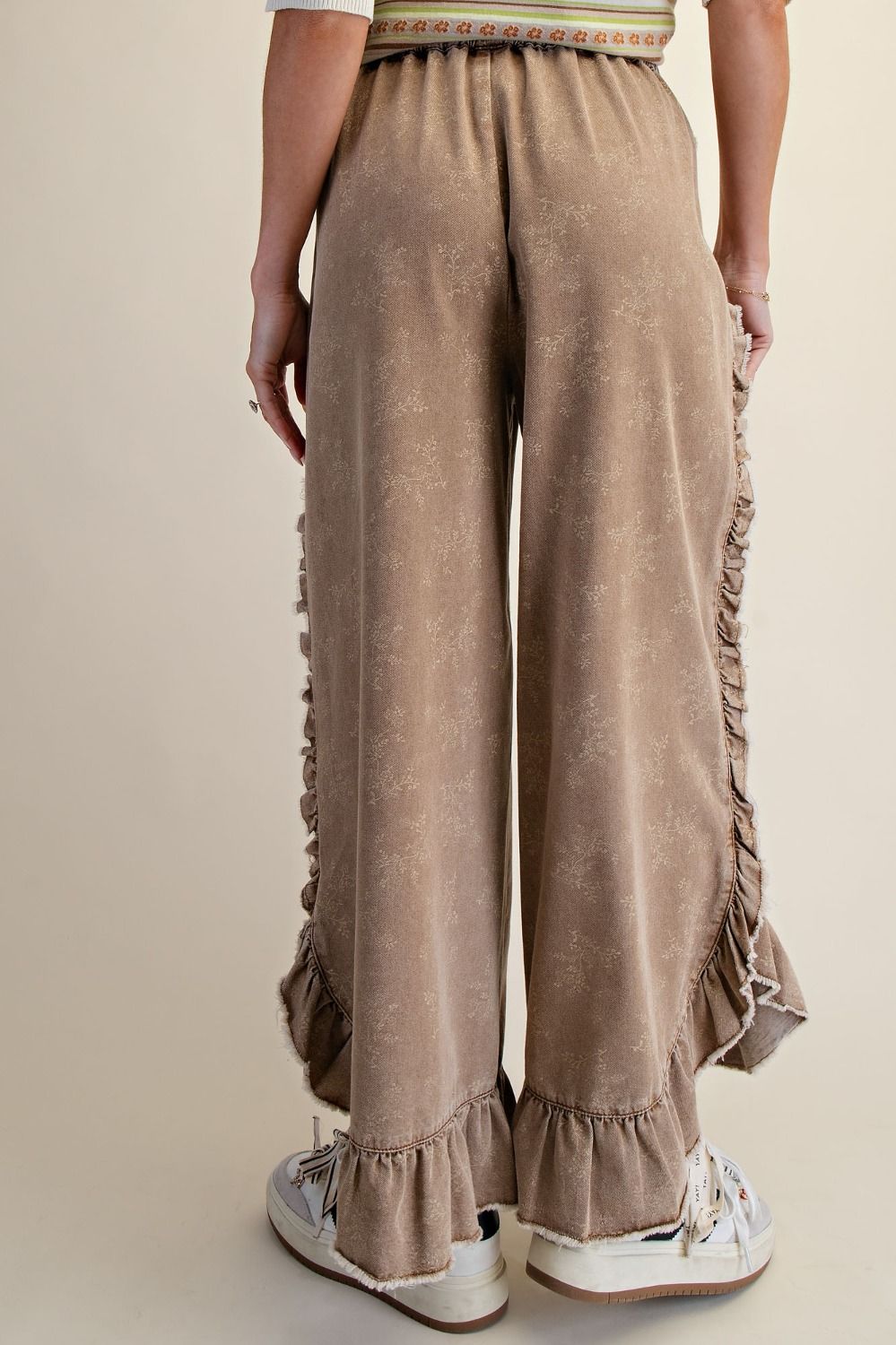 Floral Print Washed Denim Palazzo Pants