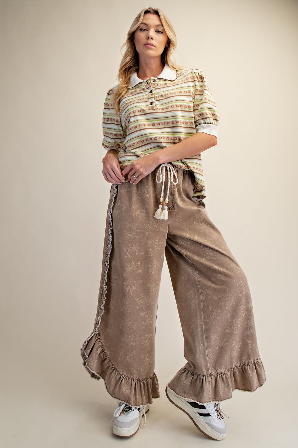 Floral Print Washed Denim Palazzo Pants