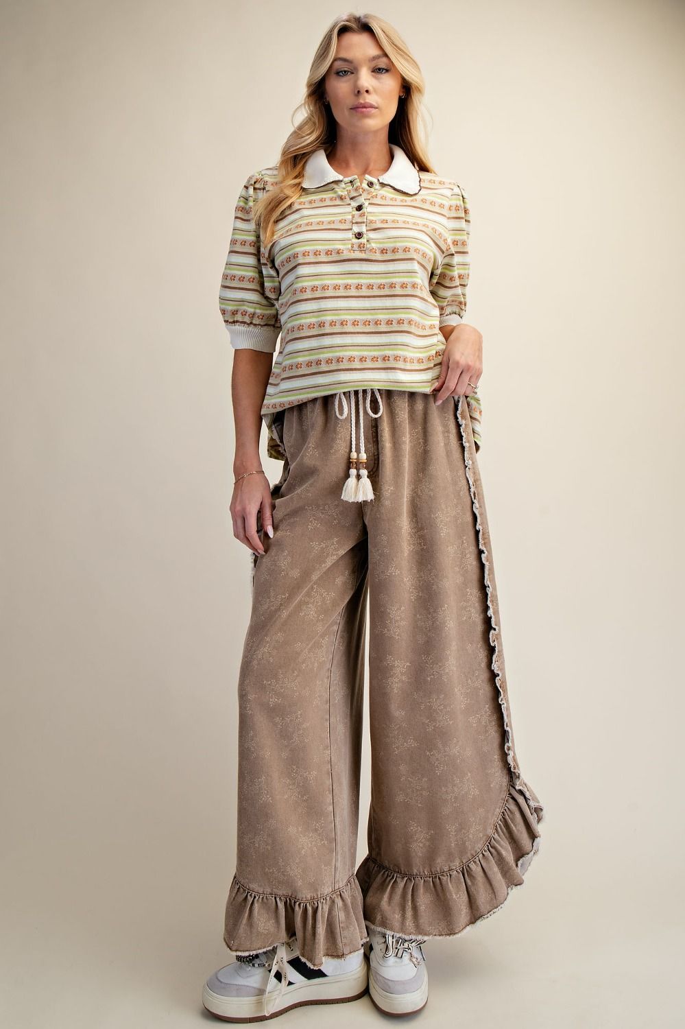 Floral Print Washed Denim Palazzo Pants