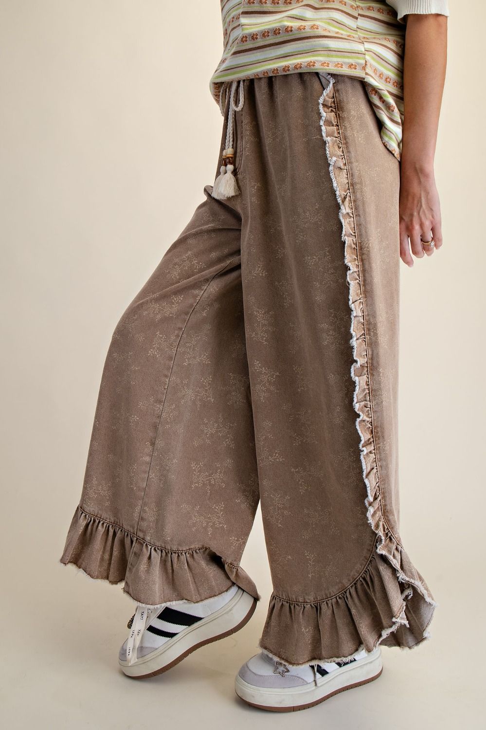 Floral Print Washed Denim Palazzo Pants