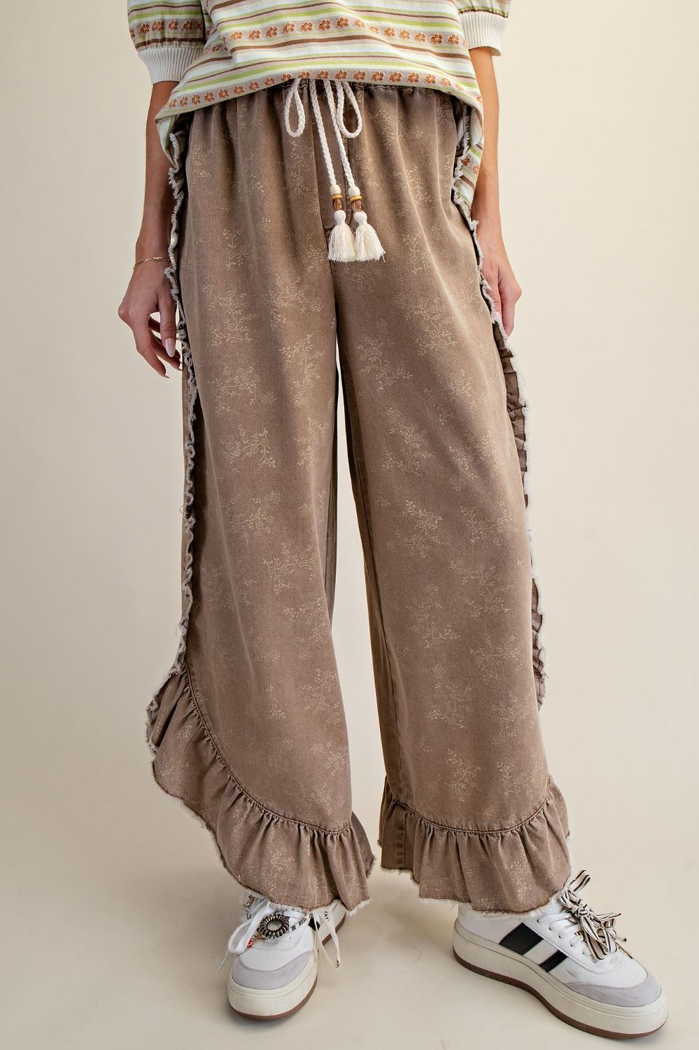 Floral Print Washed Denim Palazzo Pants