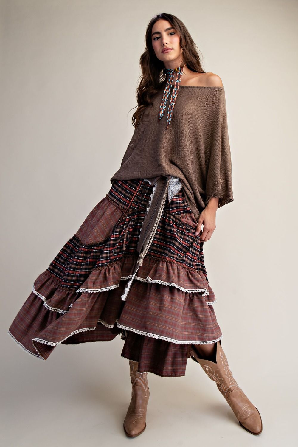 Check Mix Tiered Maxi Woven Skirt