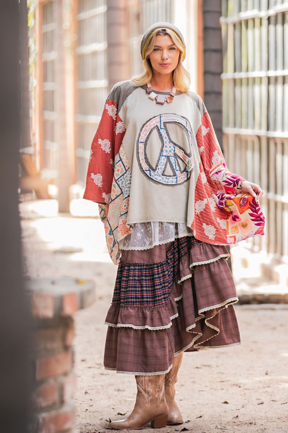 Check Mix Tiered Maxi Woven Skirt