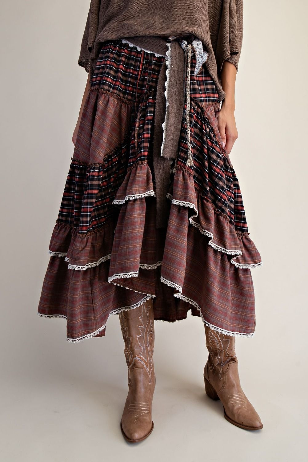 Check Mix Tiered Maxi Woven Skirt