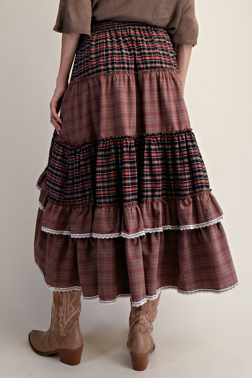 Check Mix Tiered Maxi Woven Skirt