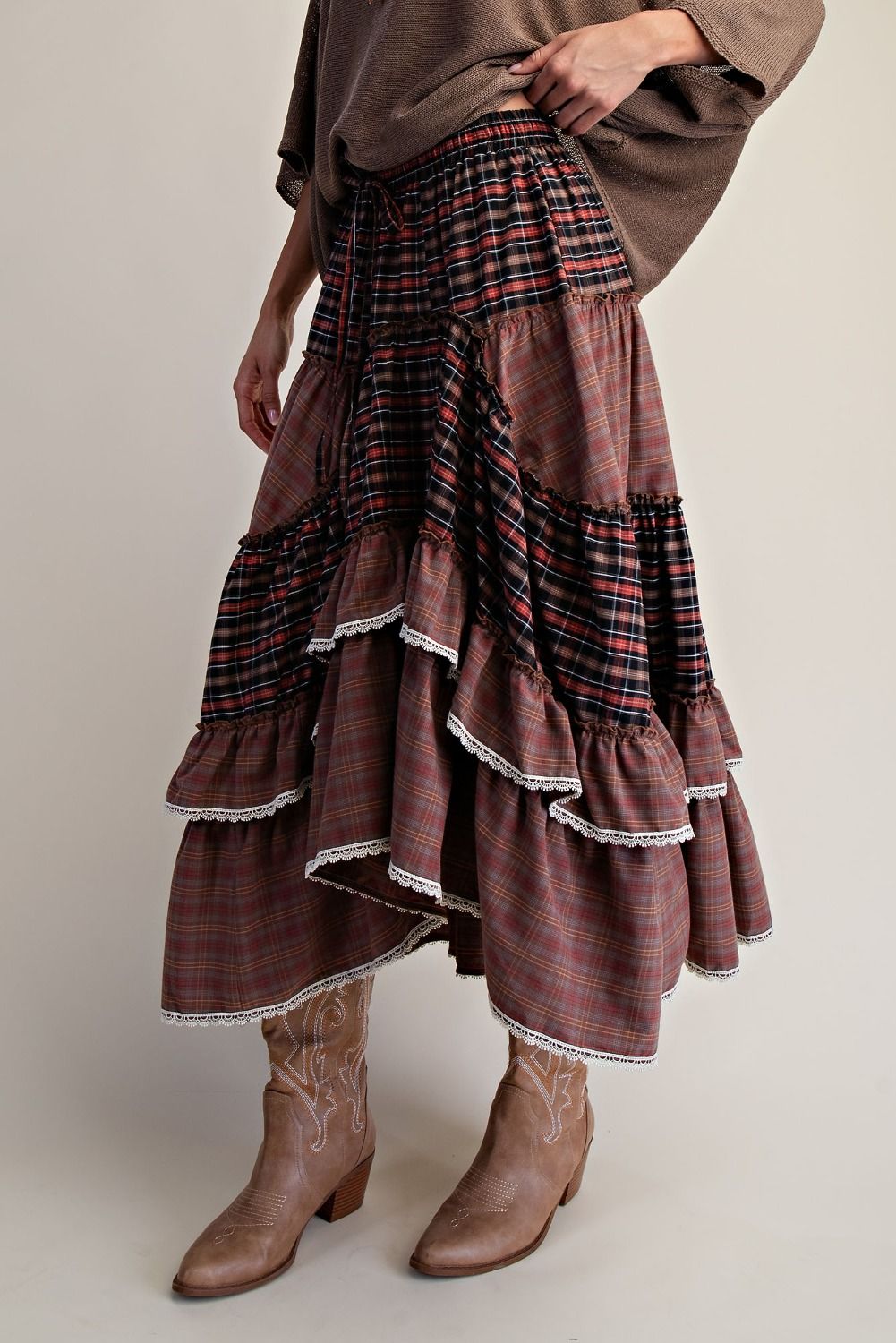 Check Mix Tiered Maxi Woven Skirt