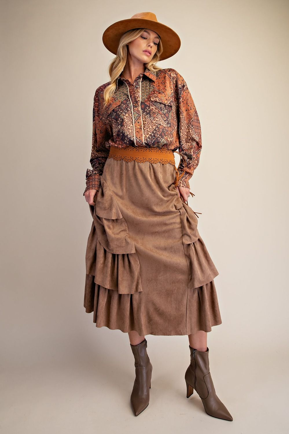 Tiered Side Suede Maxi Skirt