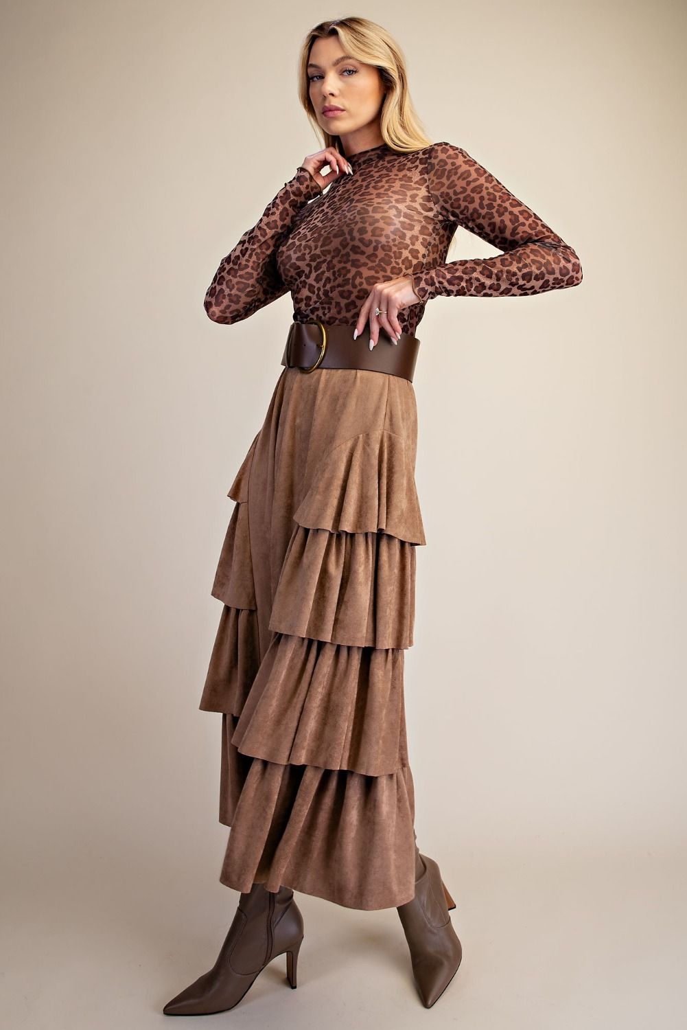 Tiered Side Suede Maxi Skirt